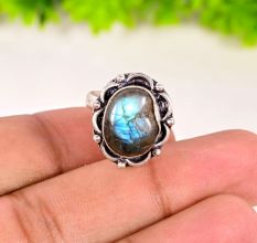 Handmade Oxidized Ring with Fancy Shaped Labradorite Gemstone for Women